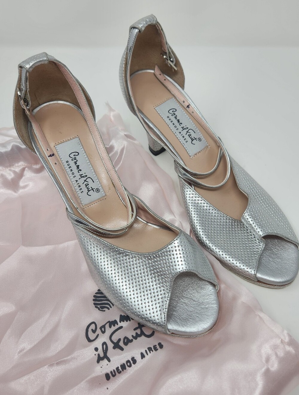 Comme Ip Faut Silver Peep-Toe Ankle-Strap Dance Heels